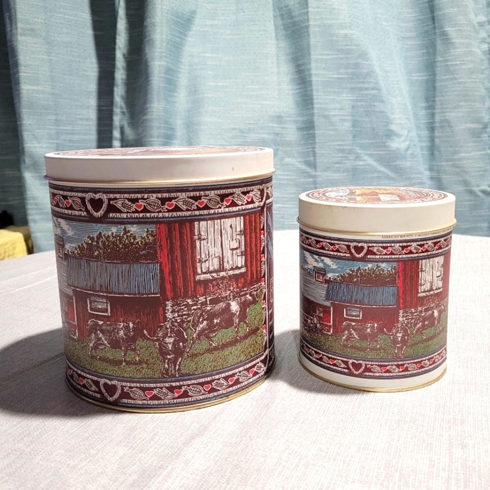 Vtg Enesco Metal Cannister Tins (2)  Farmhouse Barn